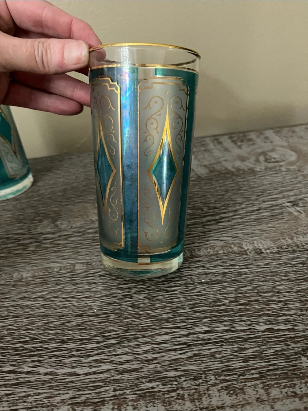 Vintage Libbey Blue & Gold Diamond Glasses Set of 3 with 22k gold rim